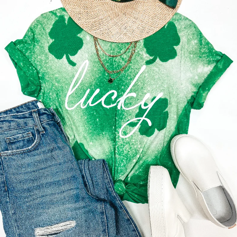 Polyester T-ShirtsLucky Bleach Splatter Shamrock Graphic Tee in Green