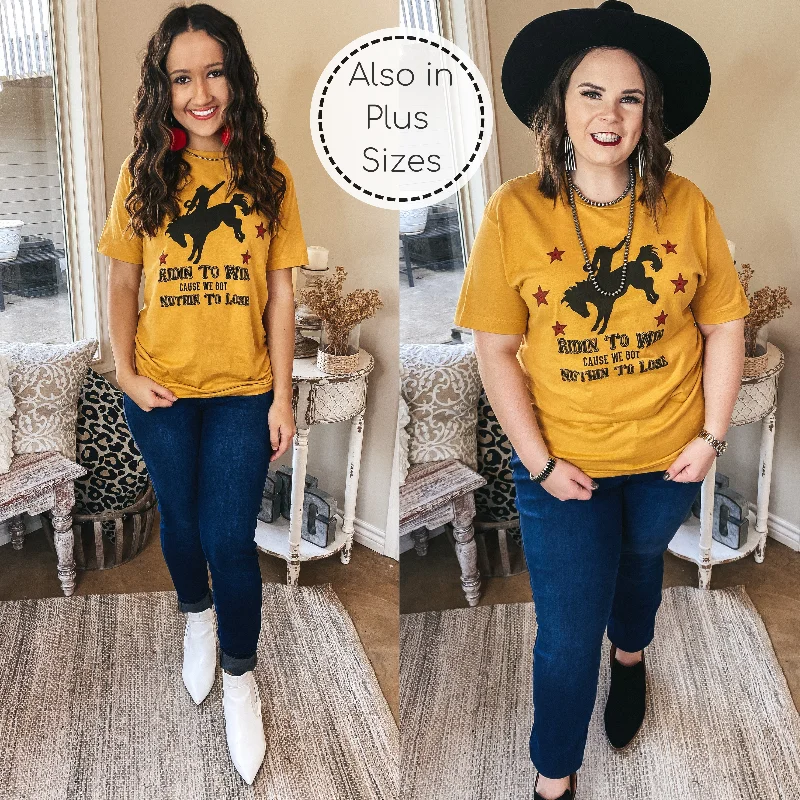 Artist T-ShirtsRidin' To Win Bucking Horse Graphic Tee with Red Stars in Mustard Yellow