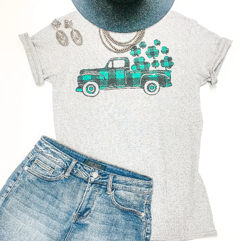 Athletic T-ShirtsTake My Luck For A Ride Buffalo Plaid Pickup Truck with Clovers Graphic Tee in Heather Grey