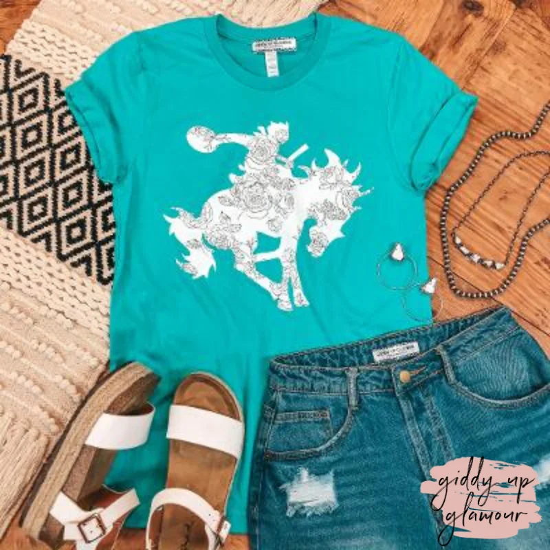 Ribbed Cuff T-ShirtsTough Buck Saddle Bronc Graphic Tee in Turquoise