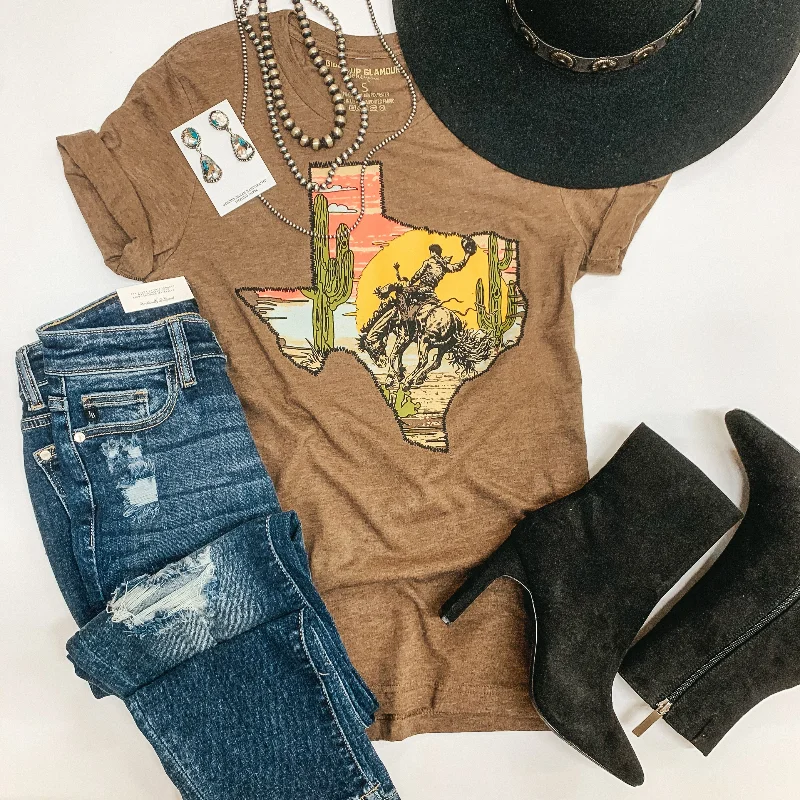 Striped T-ShirtsWild West Saddle Bronc in Texas Inlay Graphic Tee in Heather Brown